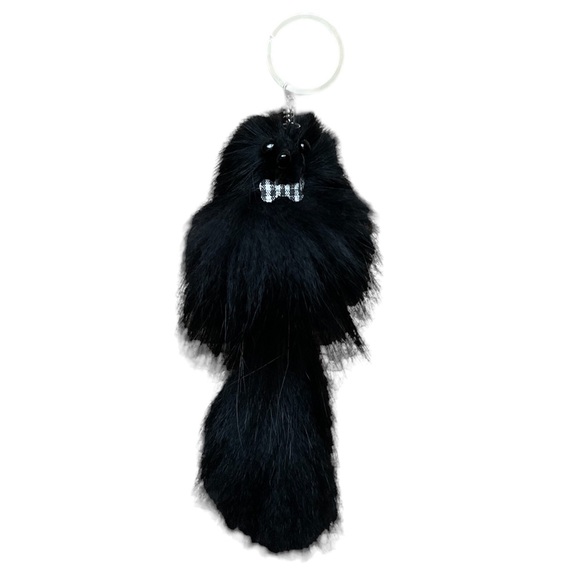 European Black Fur Animal Keychain with Bow Tie Bag Charm - Picture 1 of 4